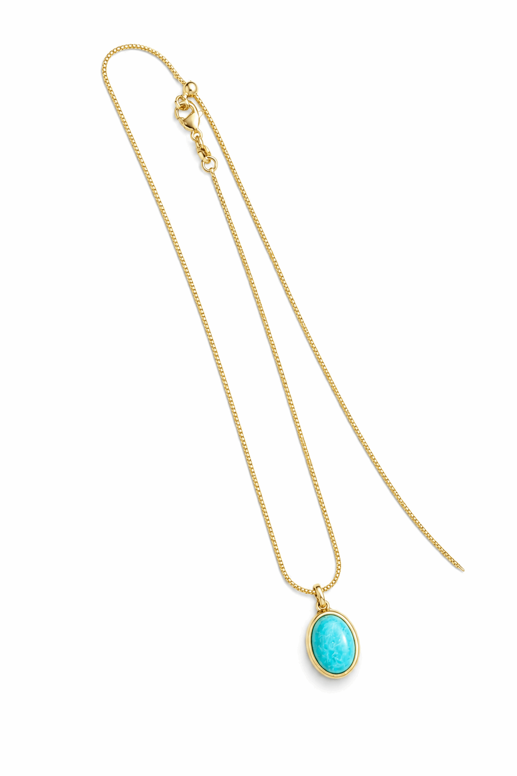 Gold-tone oval pendant necklace with single blue oval stone on chain
