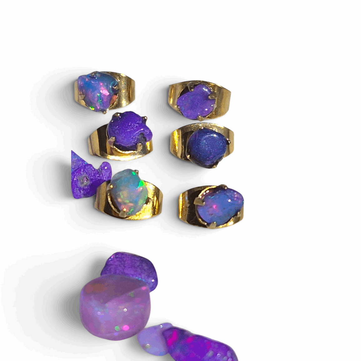 Gold opal chip stud earrings set with purple opal chips in gold bezel settings