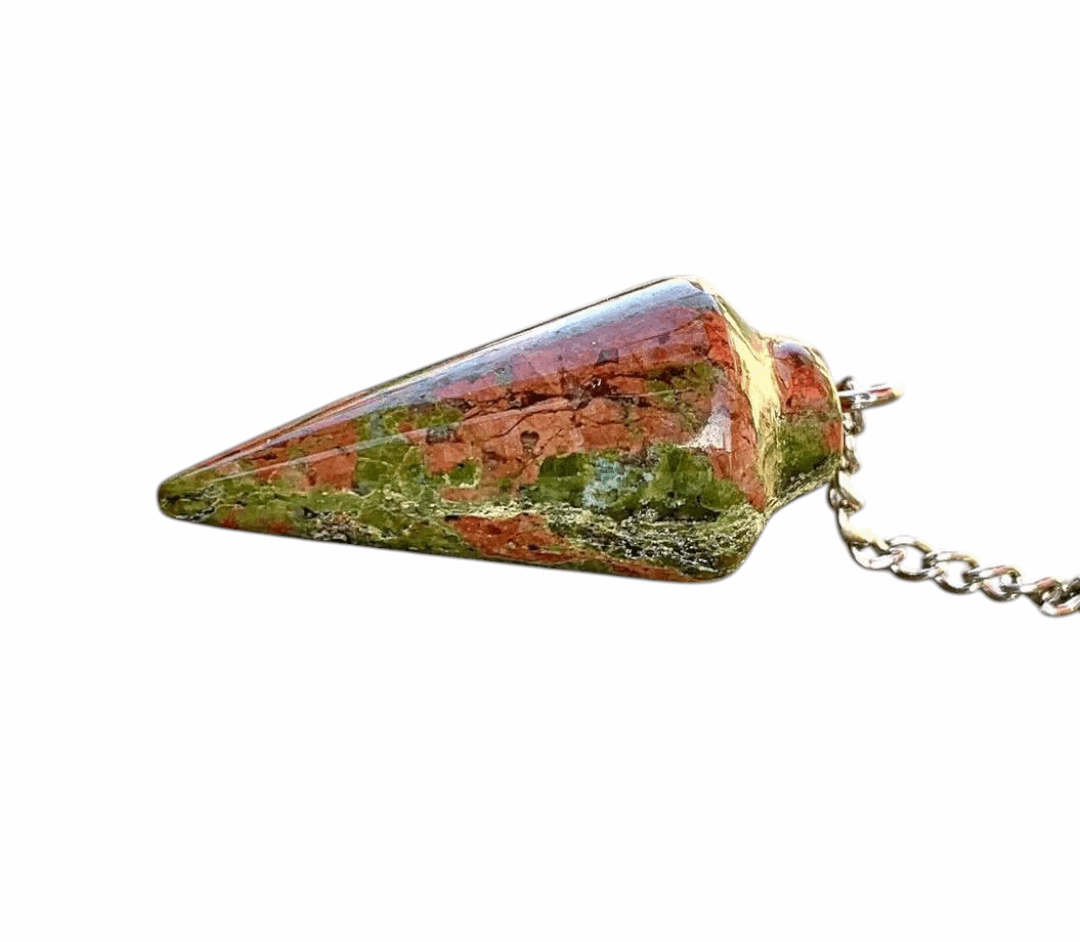 Unakite gemstone pendulum with faceted teardrop stone and silver chain loop