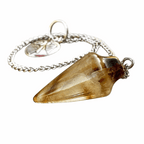 Smoky quartz pendulum bag charm with chain and metal ring, faceted teardrop crystal