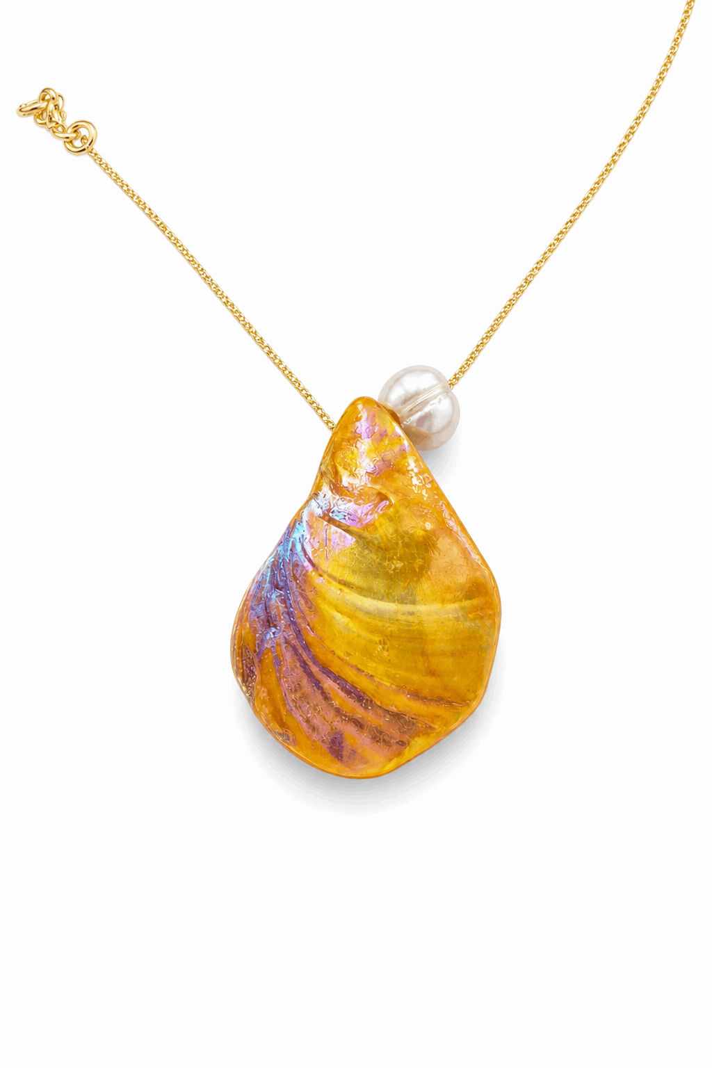 Shell and freshwater pearl pendant necklace with teardrop multicolor shell and pearl bail