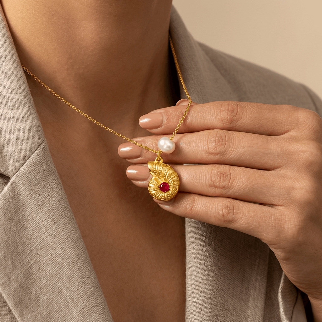 Gold choker necklace with pearl bead and gold sea-animal pendant charm