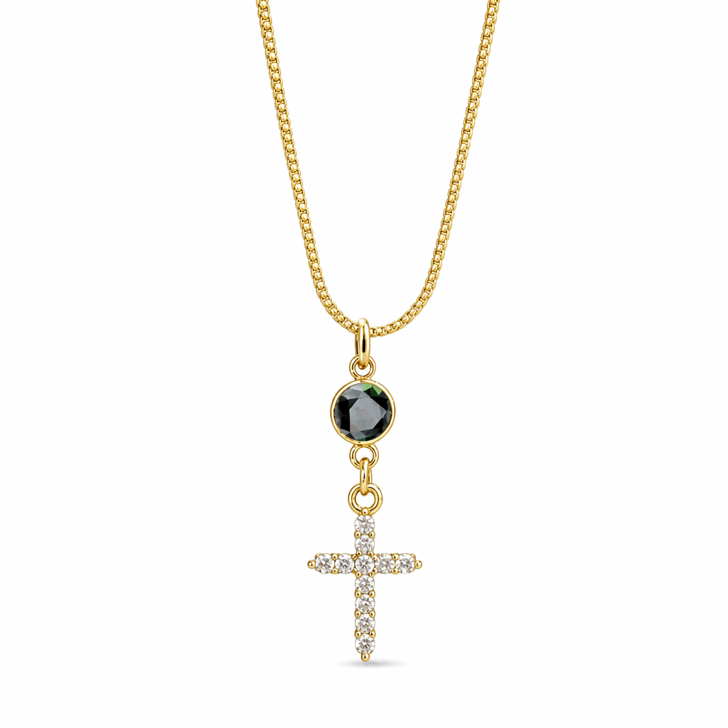 Gold-tone cross pendant necklace with black round stone and white zircon crystal cross