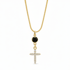 Gold zircon cross necklace with black round pendant and white crystal cross