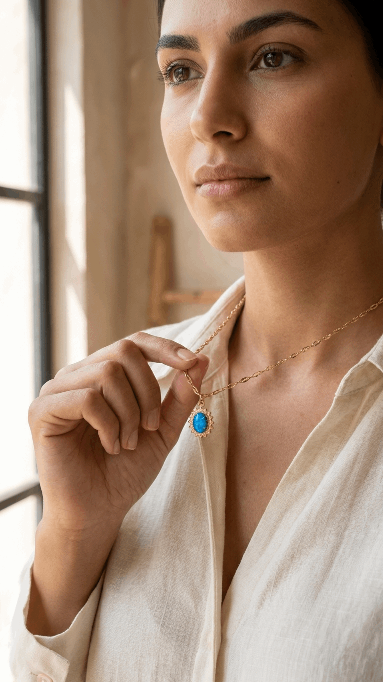 Gold-plated flake chain necklace with blue opal pendant on a light shirt