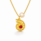 Gold pearl choker necklace with ruby-red shell pendant