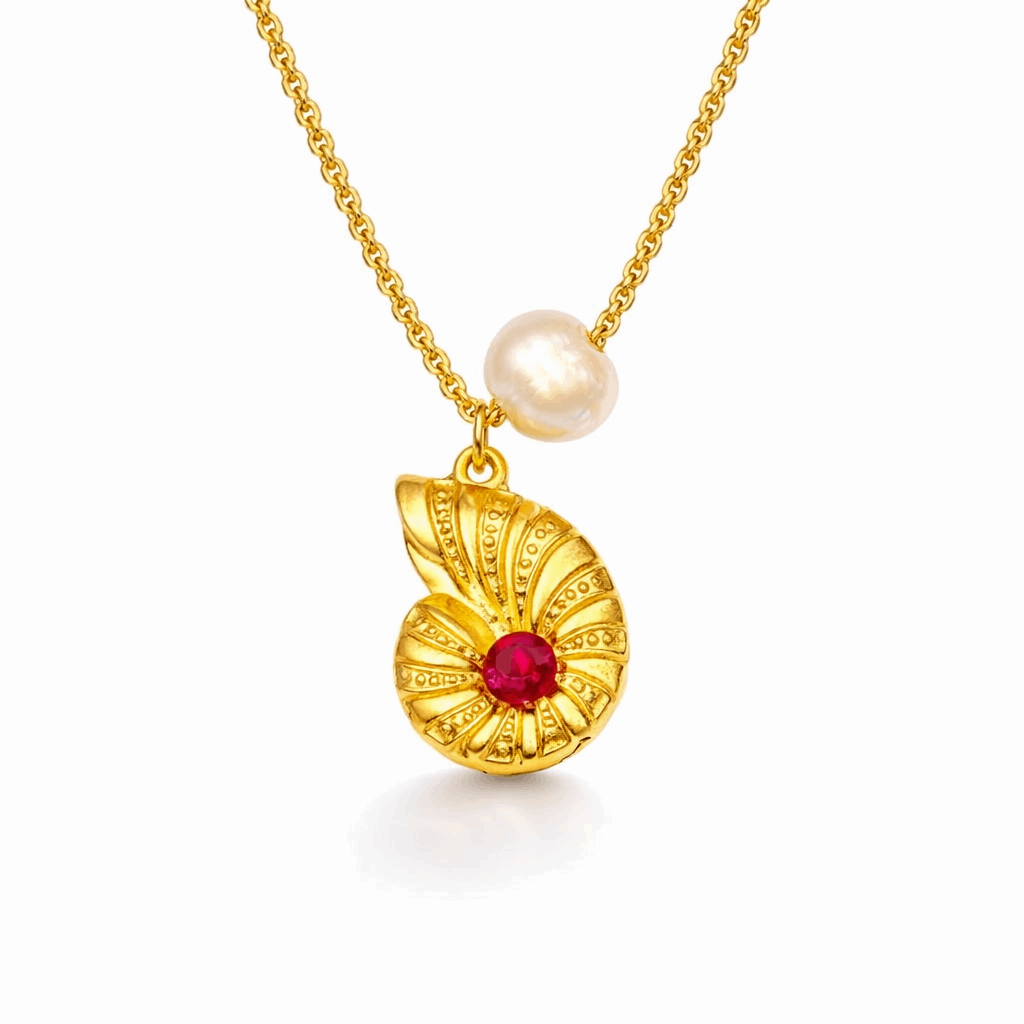 Gold pearl choker necklace with ruby-red shell pendant