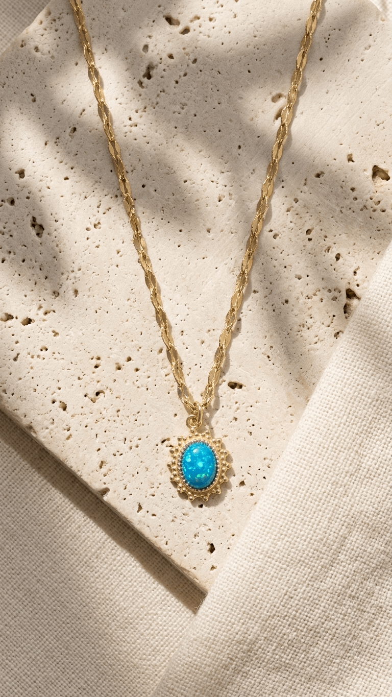 Gold-plated flake chain necklace with blue cabochon opal pendant