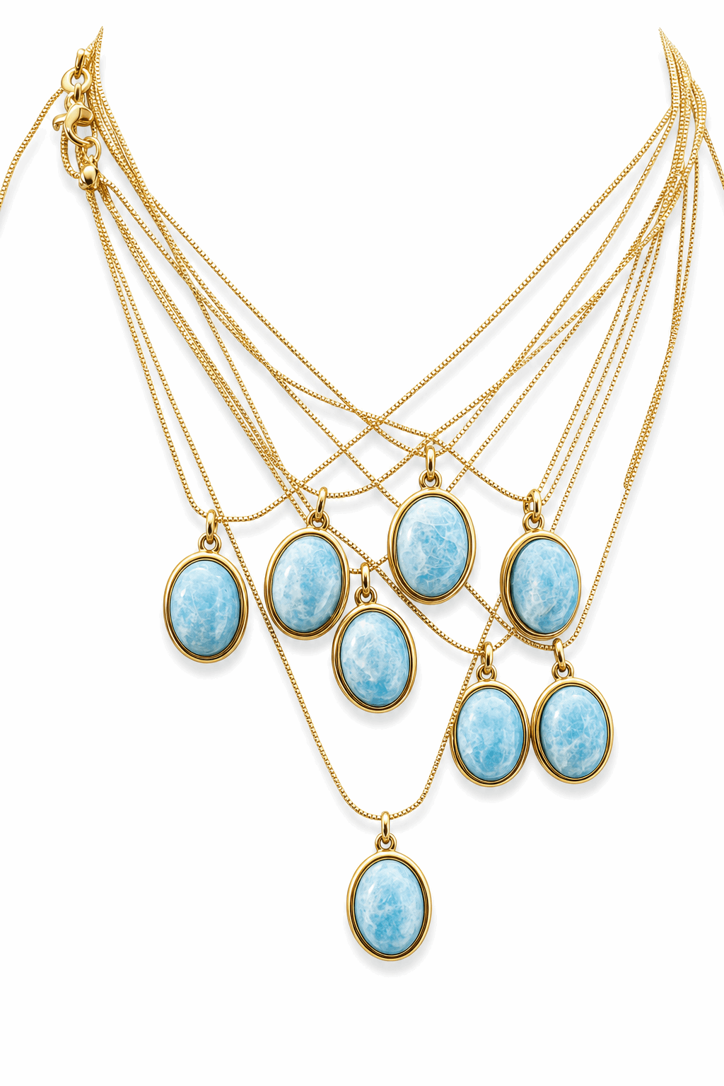Gold-tone oval pendant necklace with multiple blue oval stones and layered chains
