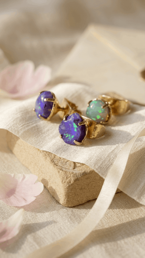 Gold opal stud earrings with purple opal chips on a folded fabric surface