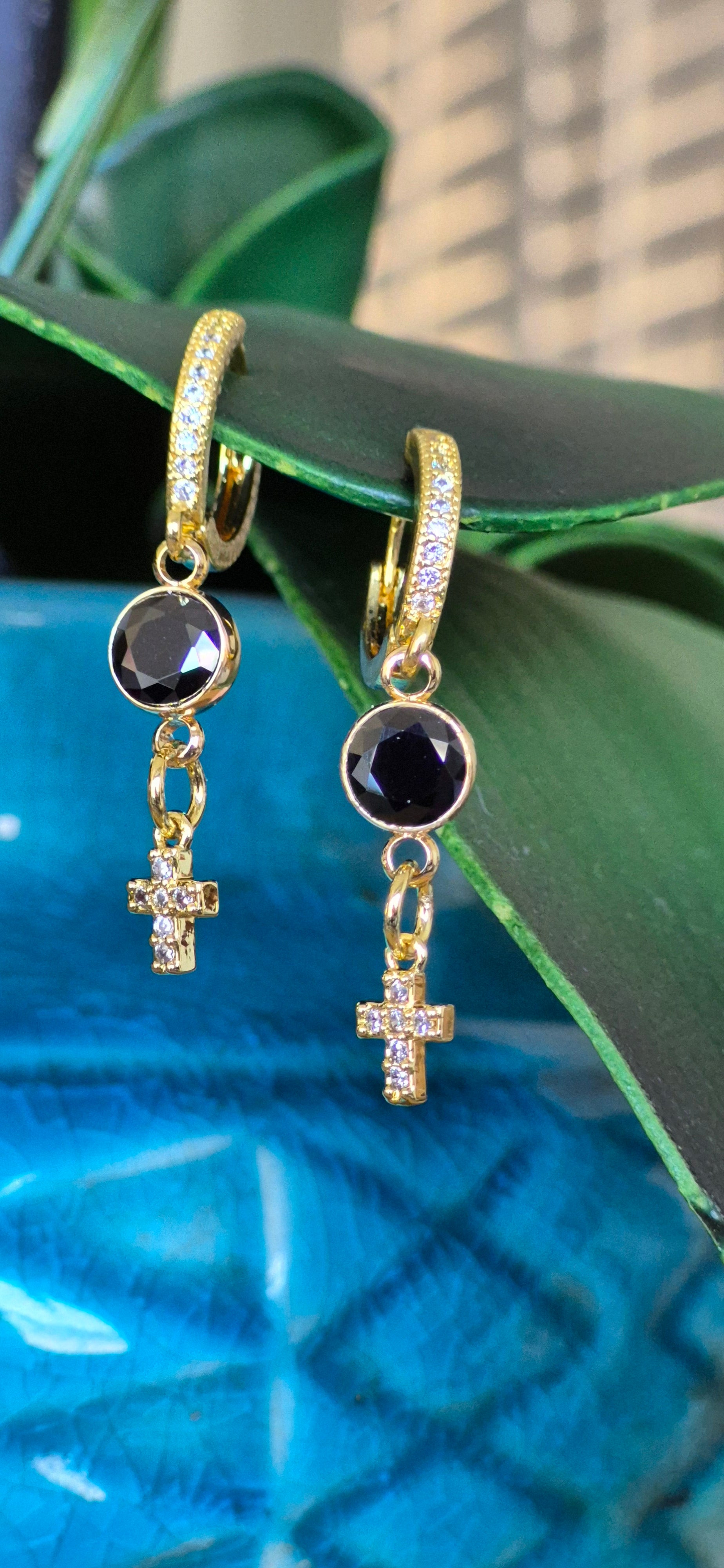 Cross French clip huggies | Black & white zircon