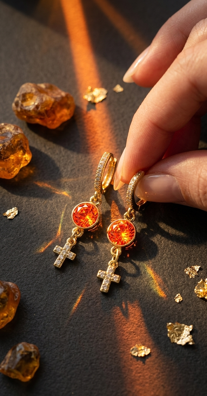 Cross French earrings | orange sapphire & white zircon