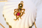 Certified Ruby Emerald Octopus Pendant, 18k Gold Necklace, Pearl Choker In Personalized Packaging