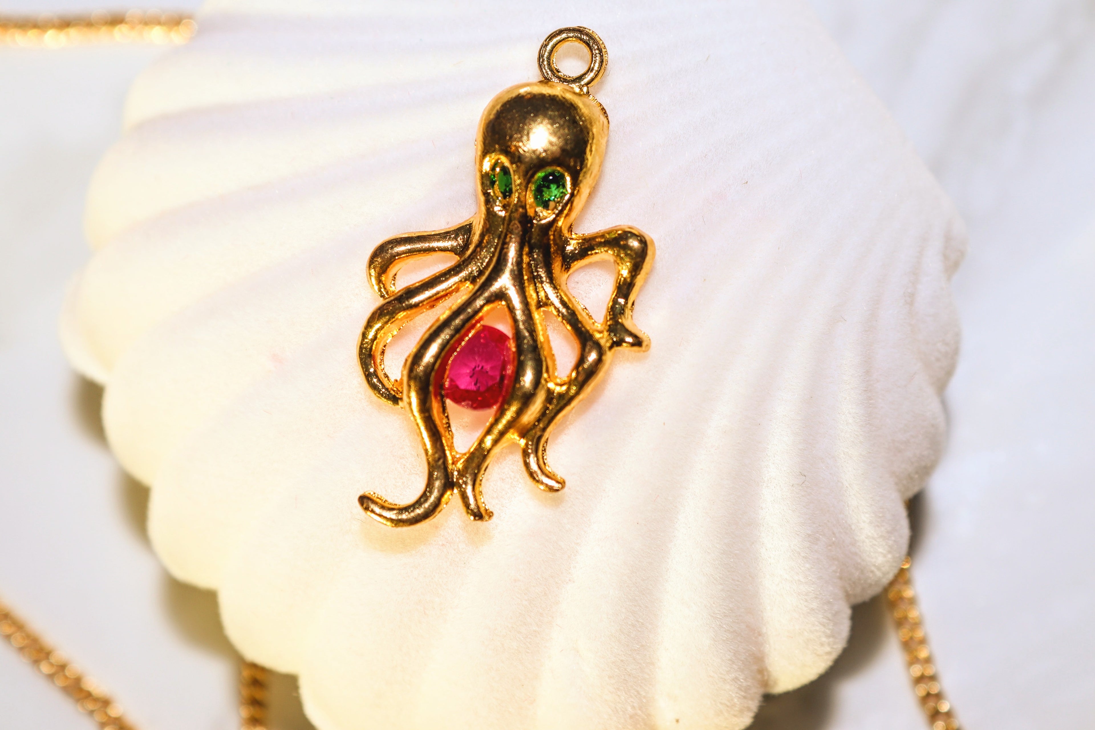 Certified Ruby Emerald Octopus Pendant, 18k Gold Necklace, Pearl Choker In Personalized Packaging