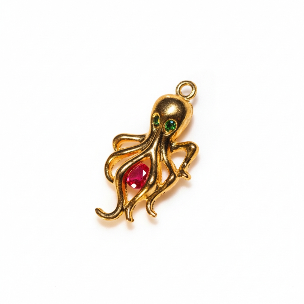 Certified Ruby Emerald Octopus Pendant, 18k Gold Necklace, Pearl Choker In Personalized Packaging
