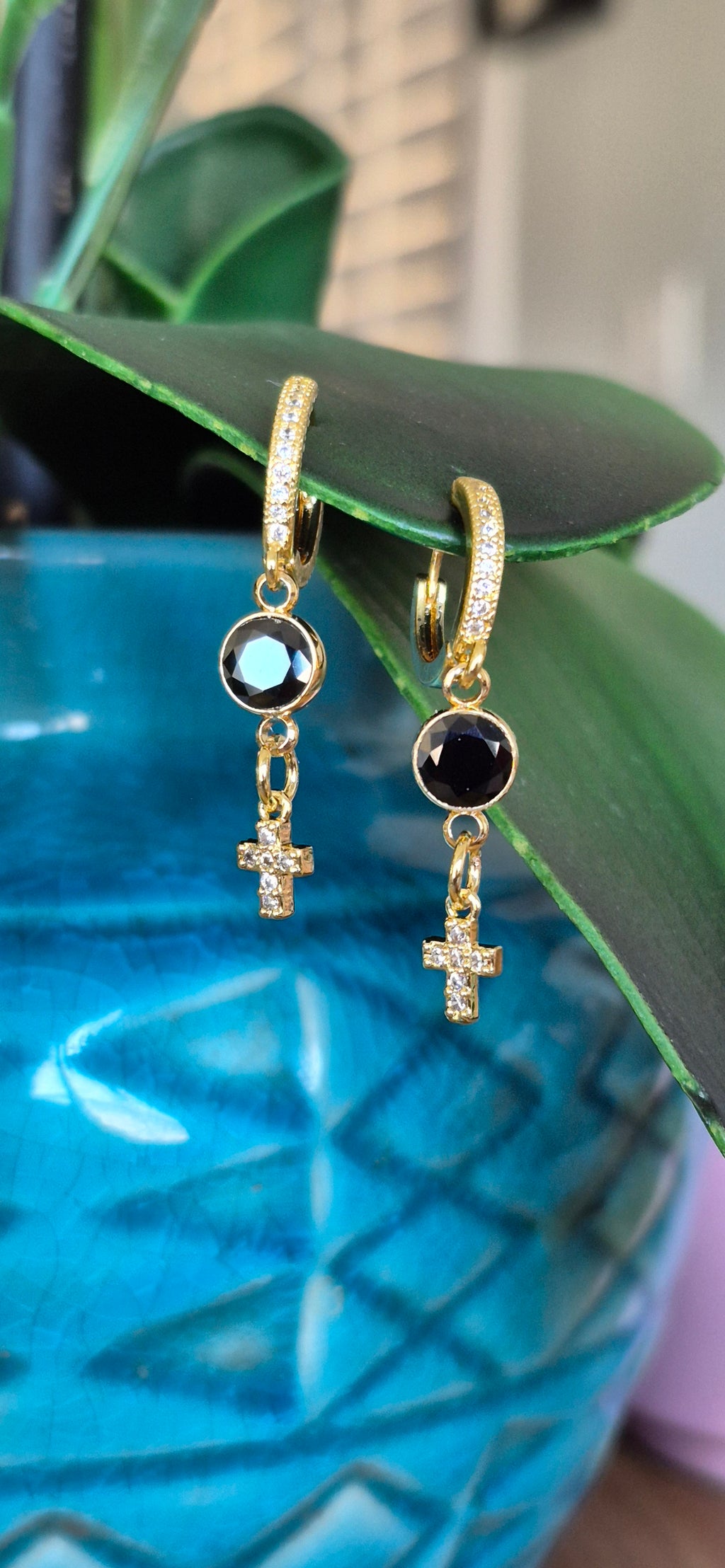 Cross French clip huggies | Black & white zircon