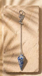 Blue gemstone conical crystal pendulum bag charm with chain and metal charm loop