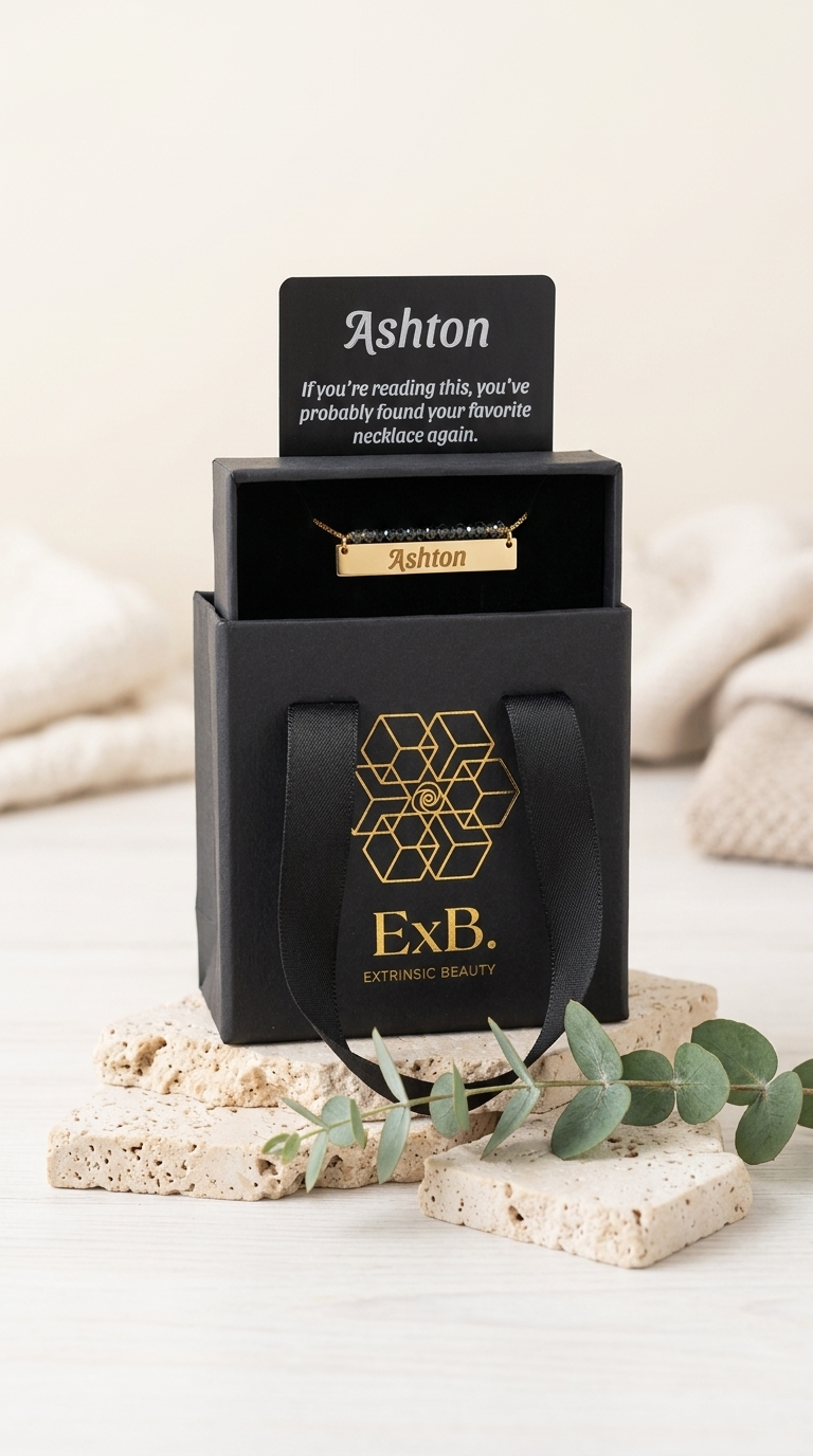 18k gold beaded nameplate necklace with engraved "Ashton" on gold chain, in gift box
