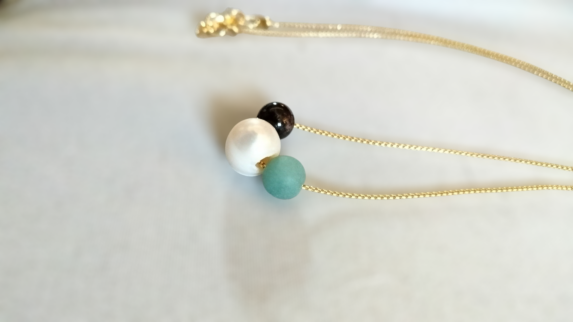 Extrinsic Beauty Handcrafted Beaded Necklace with White Pearl, Amazonite, Garnet Stones on 18kGP Gold Chain, Modern Minimalist Style