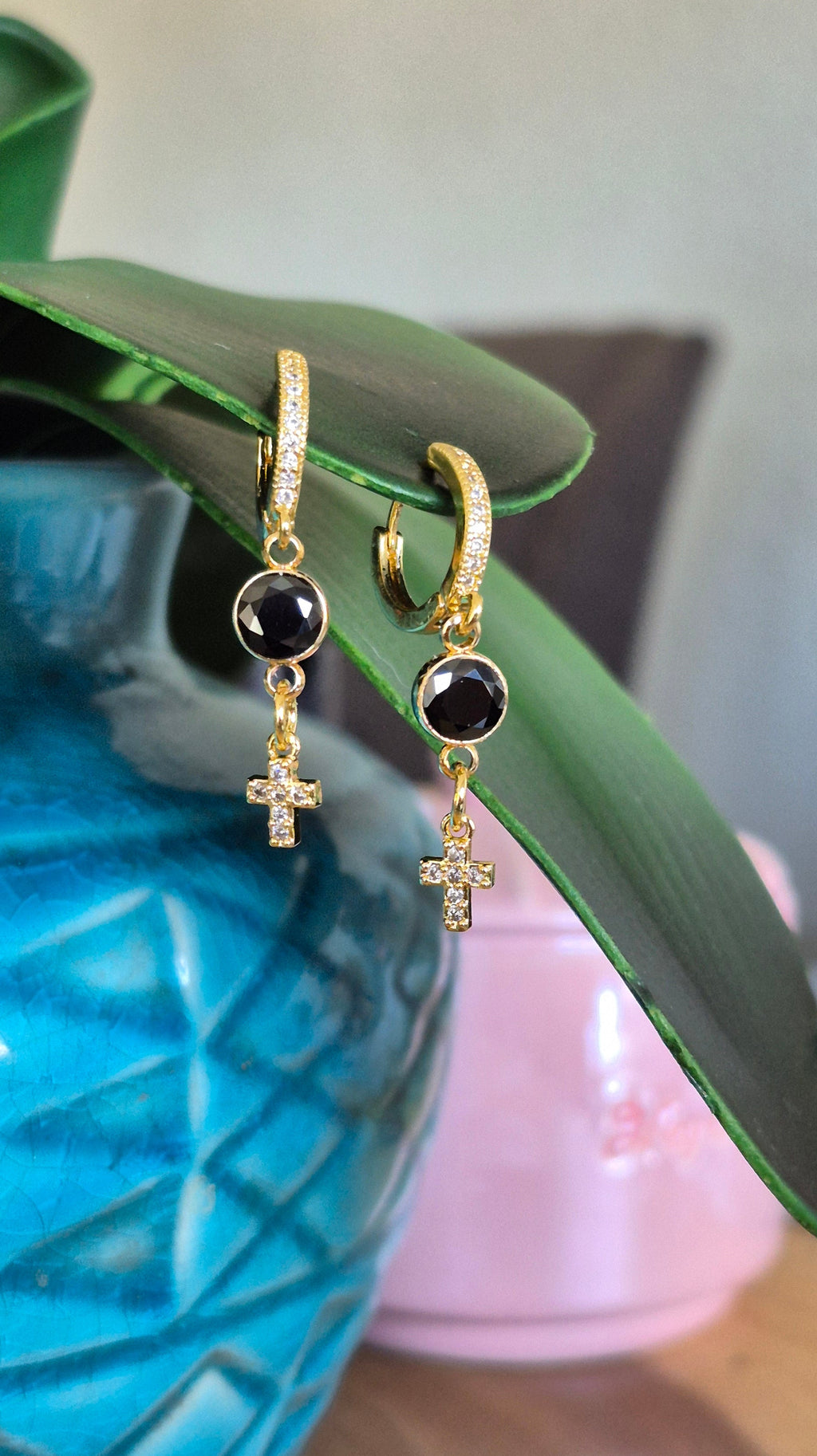 Cross French clip huggies | Black & white zircon