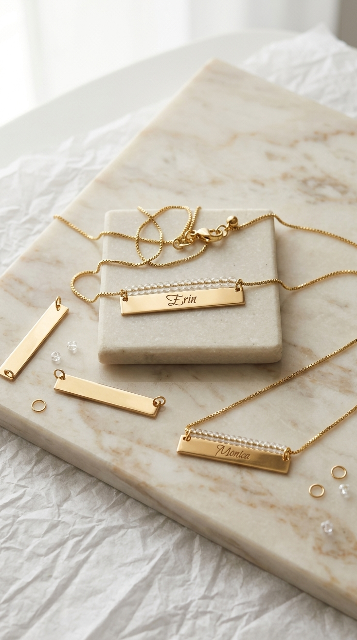 Gold beaded bar name necklace set with engraved bar pendants and tiny round bead details