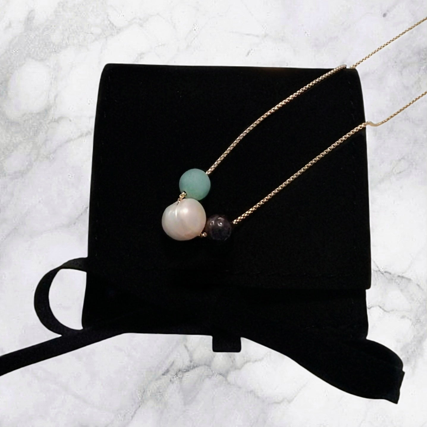 Extrinsic Beauty Handcrafted Beaded Necklace with White Pearl, Amazonite, Garnet Stones on 18kGP Gold Chain, Modern Minimalist Style