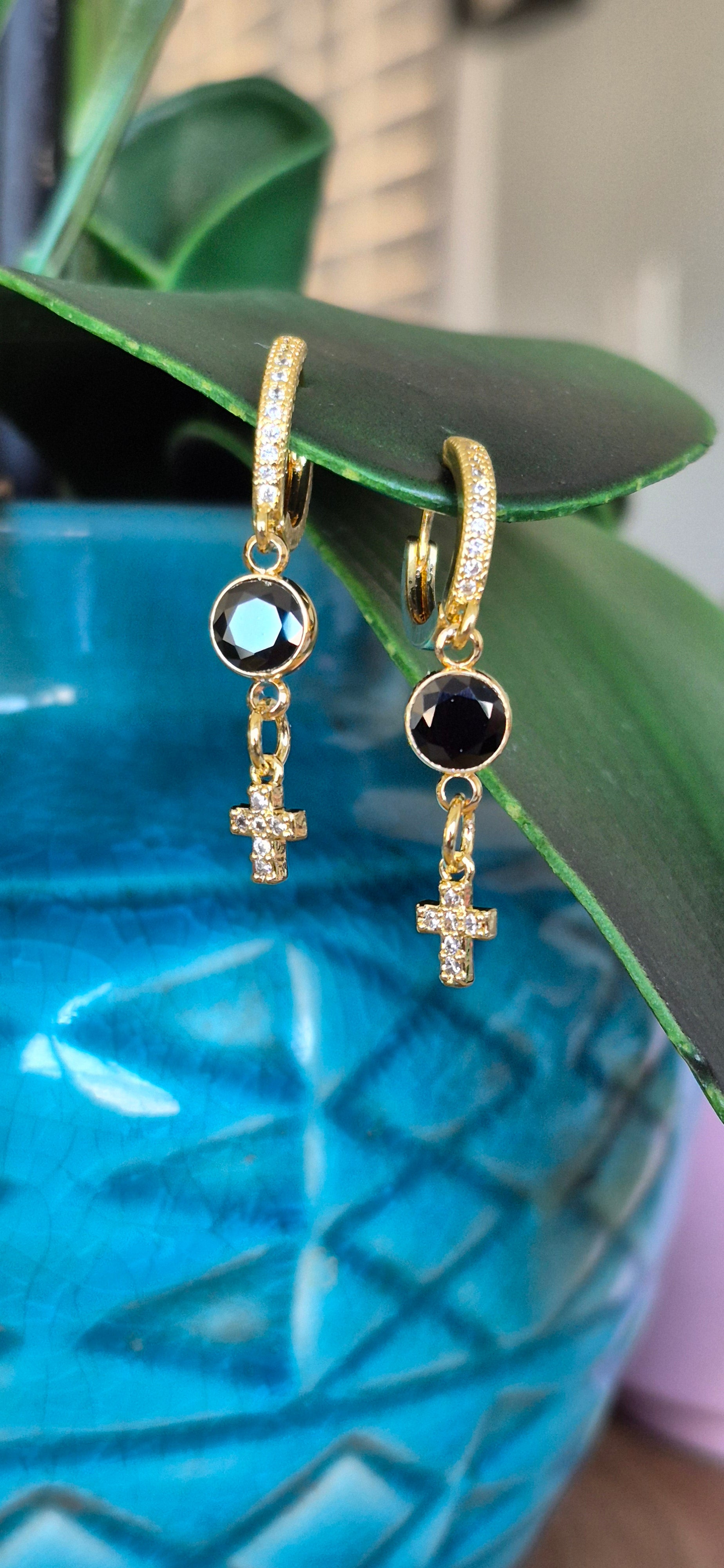Cross French clip huggies | Black & white zircon
