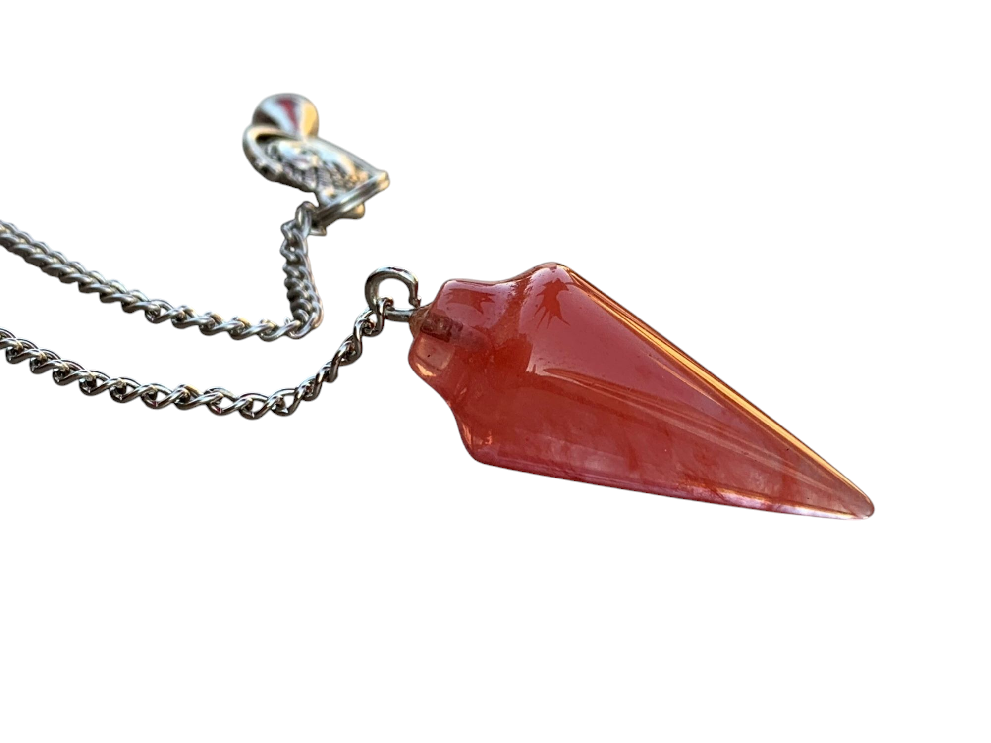 Extrinsic Beauty Gemstone Smooth Conical Crystal Pendulum with Charm, Nickle Free Chain, Reiki Meditation Dowsing Tool (Cherry Quartz)