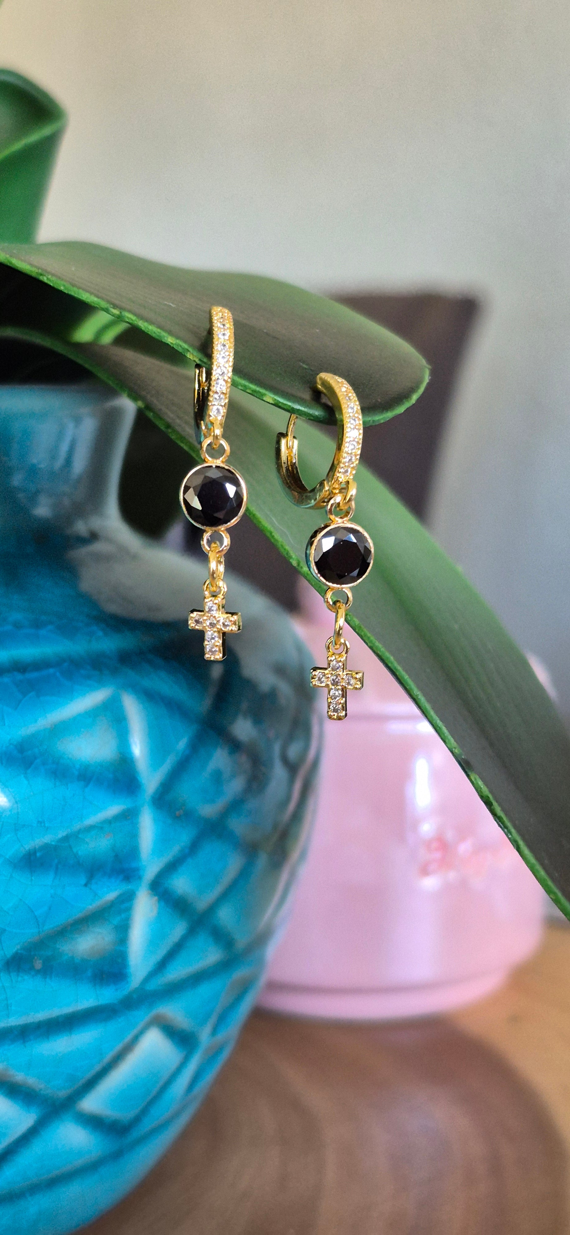 Cross French clip huggies | Black & white zircon