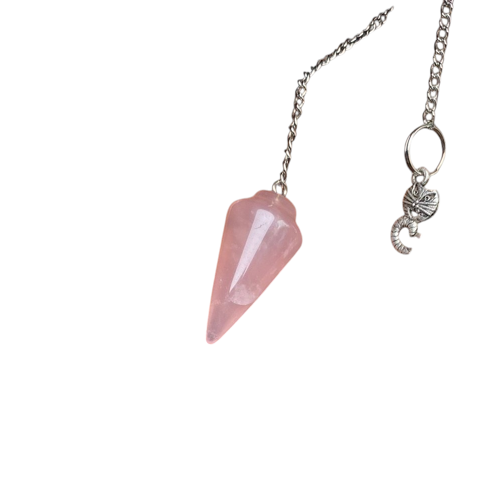 Natural Gemstone Smooth Conical Crystal Pendulum with Charm, Nickle Free Chain, Reiki Meditation Dowsing Tool (Rose Quartz)