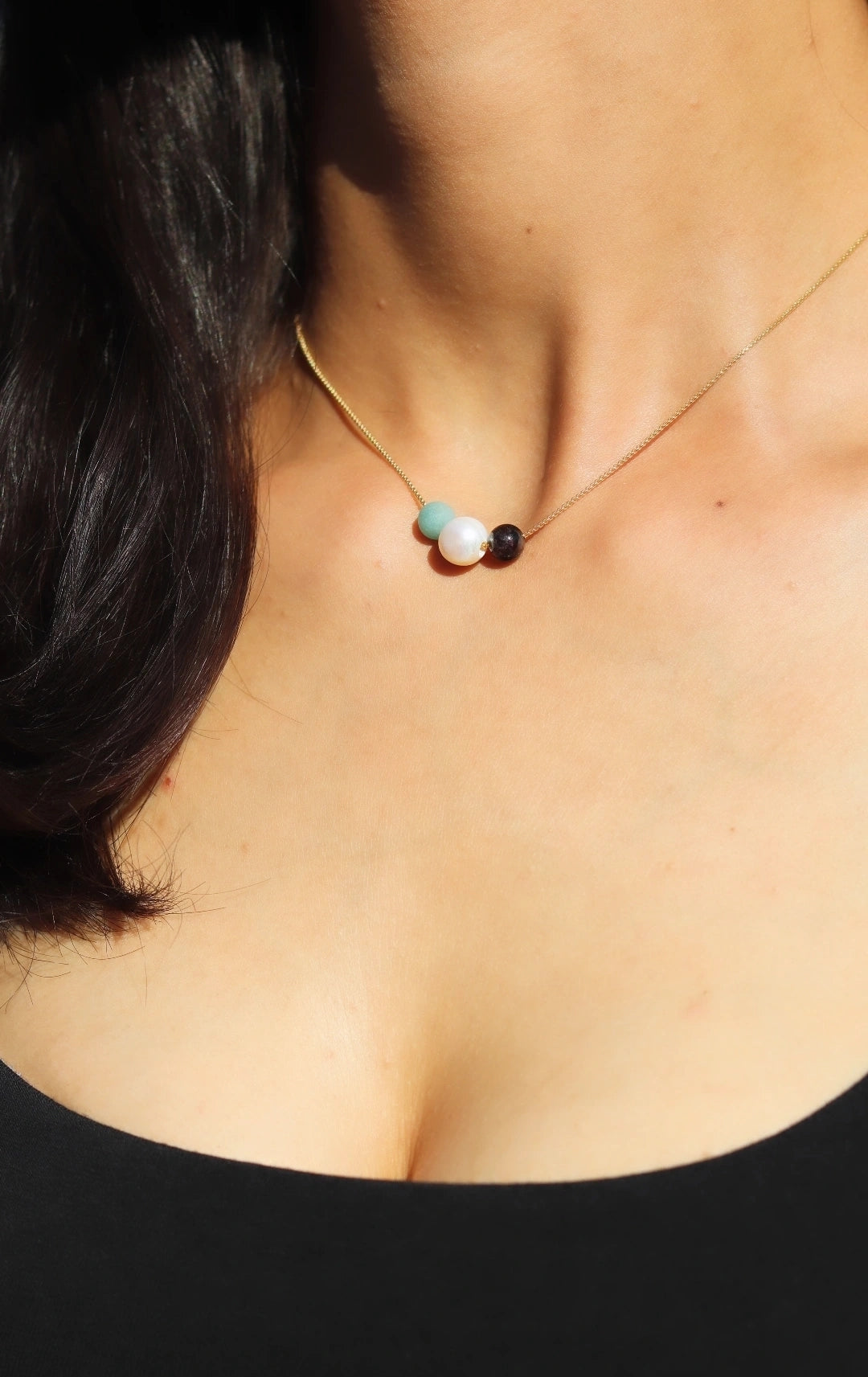 Extrinsic Beauty Handcrafted Beaded Necklace with White Pearl, Amazonite, Garnet Stones on 18kGP Gold Chain, Modern Minimalist Style