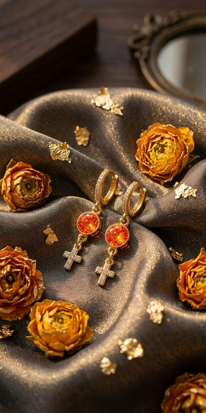 Cross French earrings | orange sapphire & white zircon