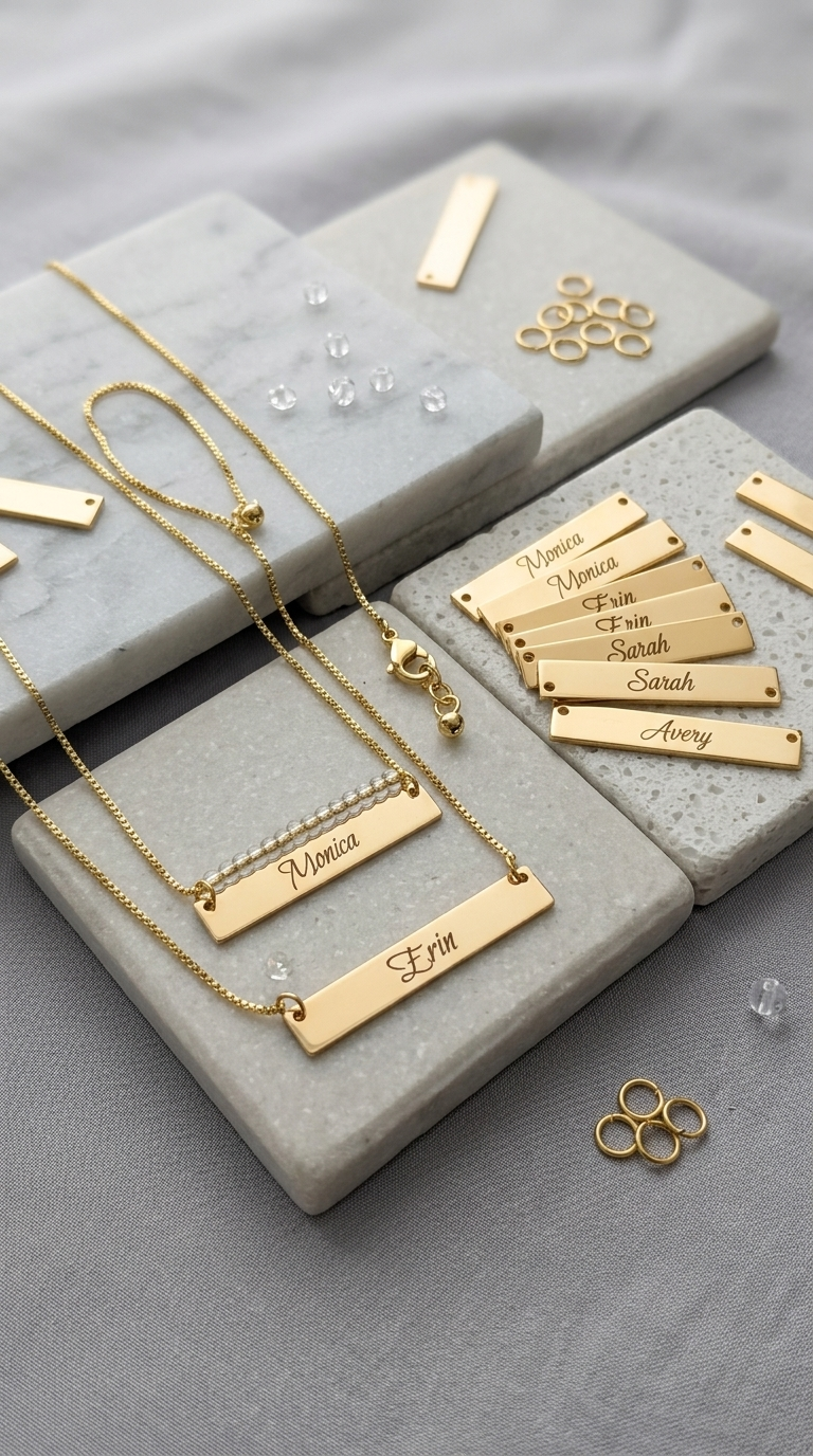 Gold beaded bar name necklace with multiple engraved bar pendants and small bead charms