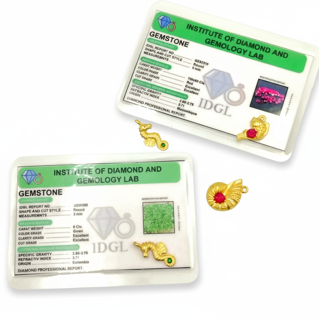 Certified Ruby Emerald Octopus Pendant, 18k Gold Necklace, Pearl Choker In Personalized Packaging