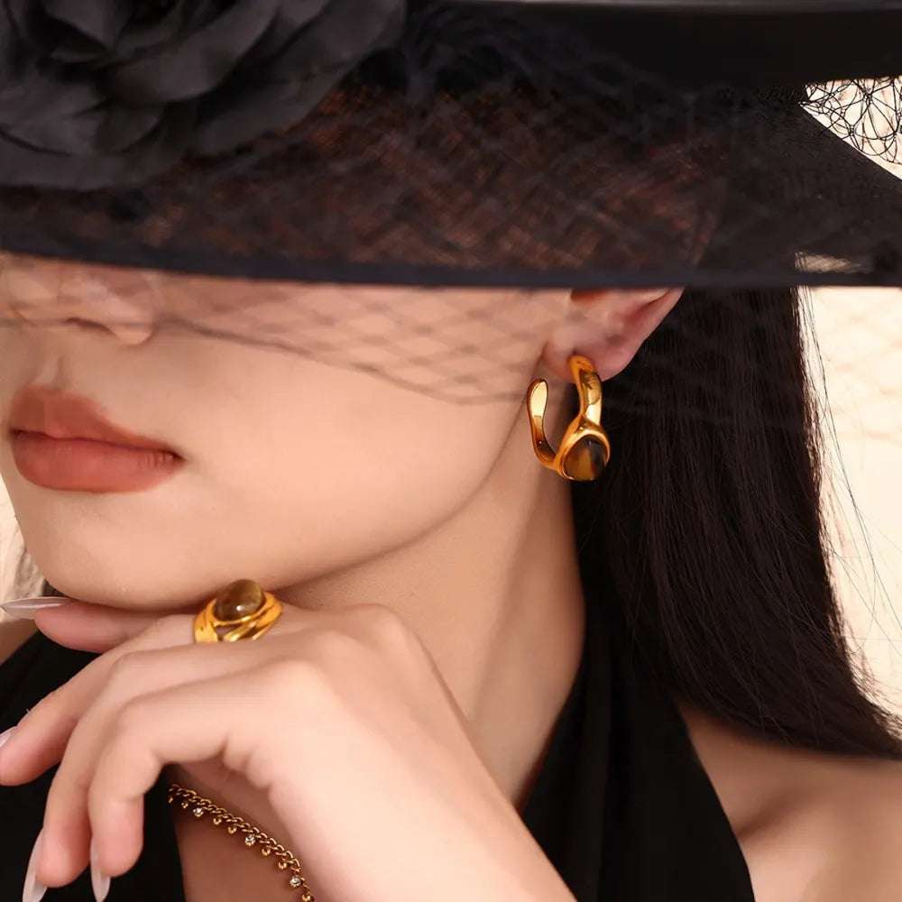 Stainless Steel Natural Tiger's Eye C - Hoop Earrings - Extrinsic Beauty