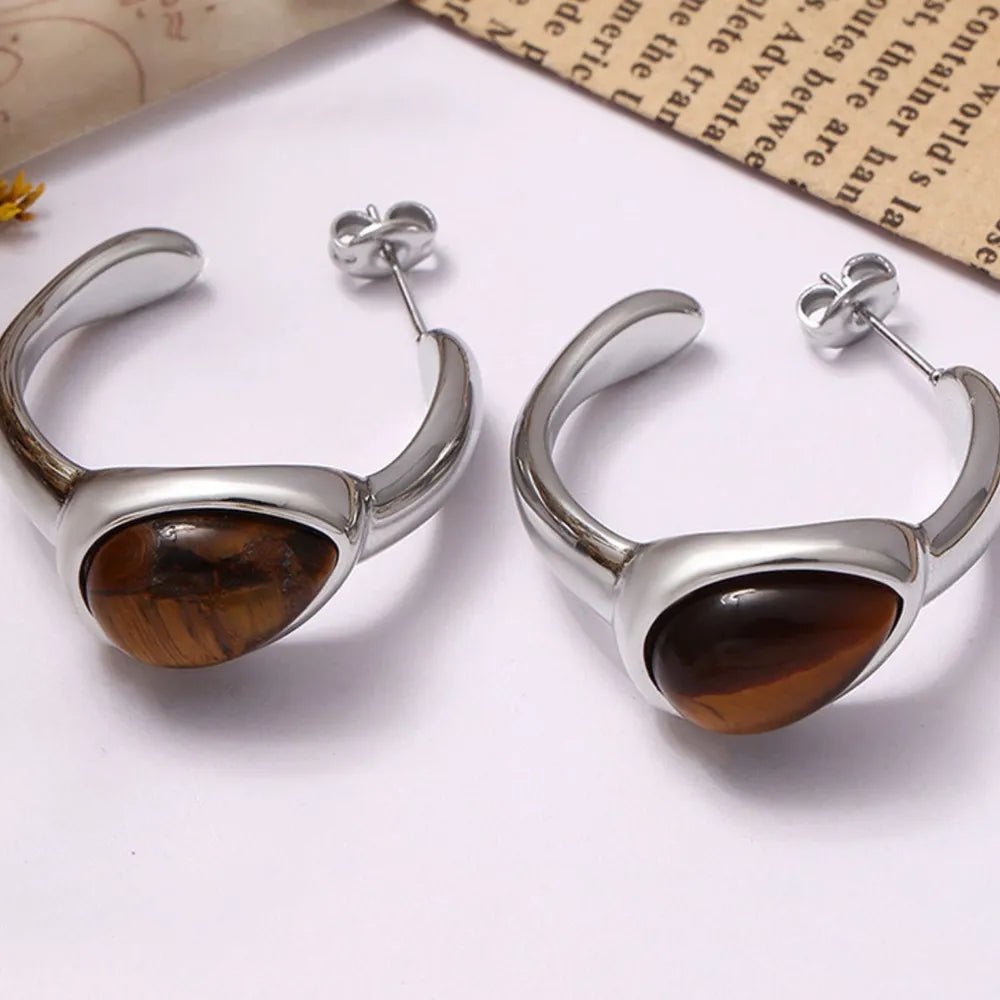 Stainless Steel Natural Tiger's Eye C - Hoop Earrings - Extrinsic Beauty