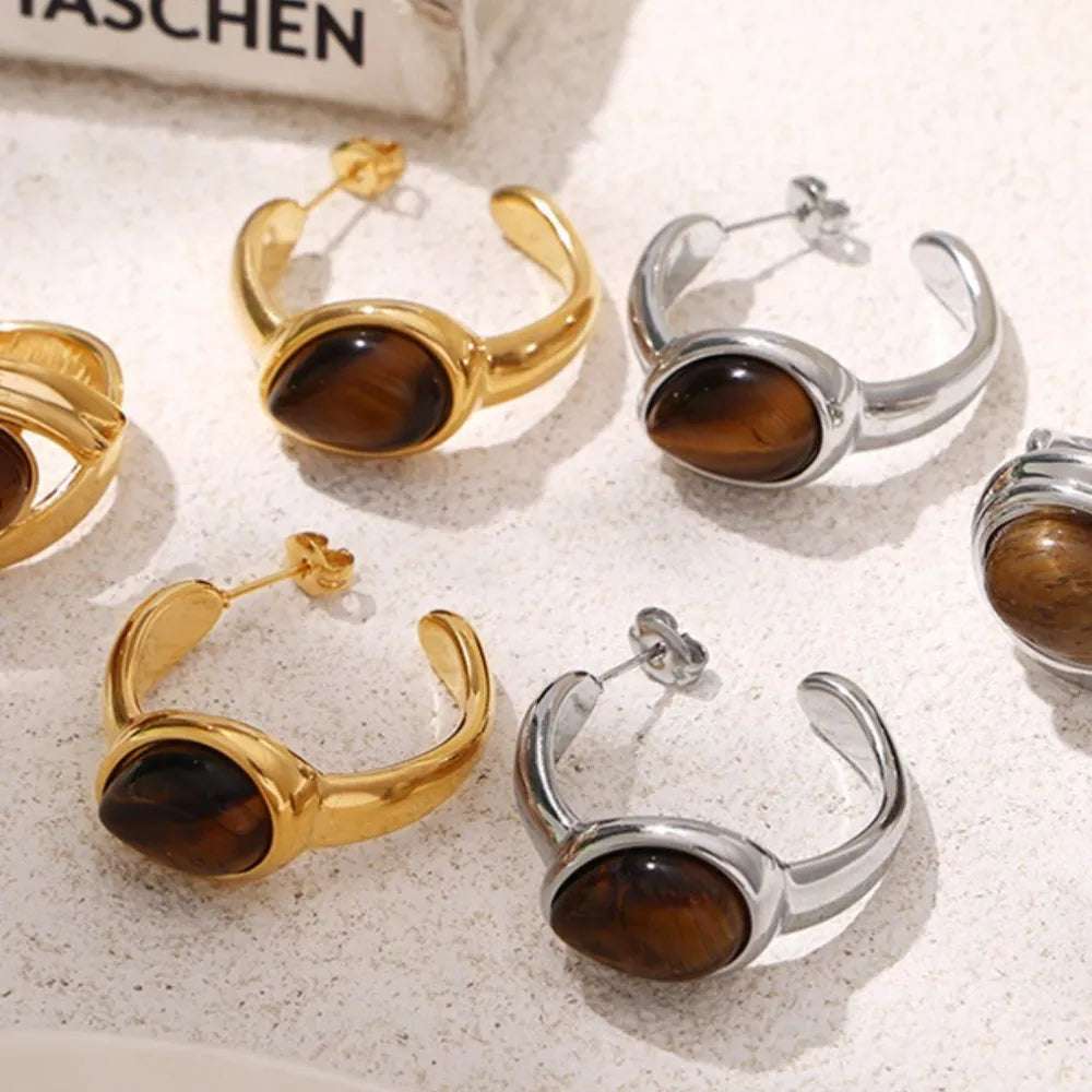 Stainless Steel Natural Tiger's Eye C - Hoop Earrings - Extrinsic Beauty